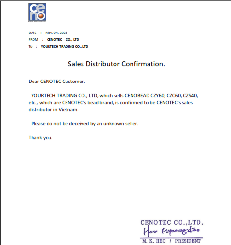 Cenotec xác nhận YOURTECH là đơn vị phân phối tại việt nam- không một công ty nào được bán sản phẩm này!